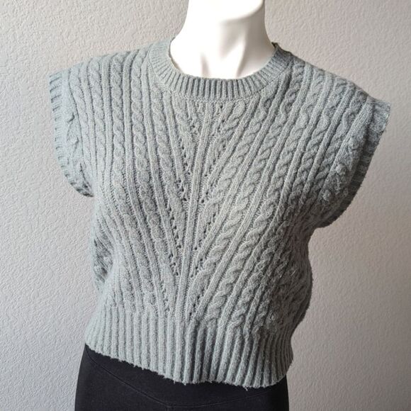 Sincerly Jules Tops - Cable Knit Sweater Vest Green Gray